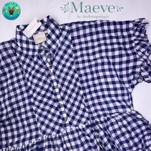 Maeve By Anthropologie Top‎ Oversized XS Blouse Blue White Gingham Linen Blend